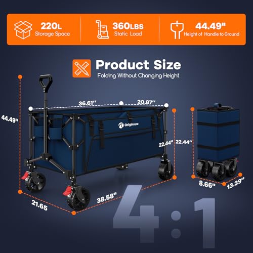 Originsure 220L Collapsible Wagon Cart Foldable, 38" L Extra Large Heavy Duty Folding Beach Wagons with All-Terrain Wheels, Utility Carts for Camping, Sports, Shopping, Groceries - Blue by Originsure - Image 2