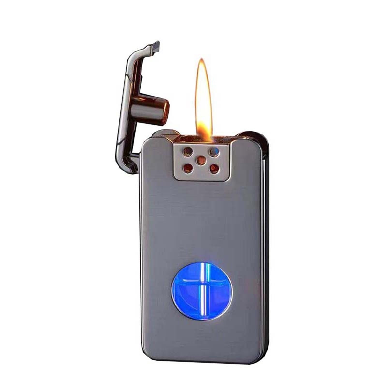 Mechero retro de queroseno con ventana de combustible visible y llama abierta para puros