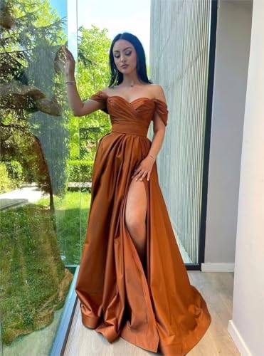 Off Shoulder Bridesmaid Dresses for Women Ruched Satin Prom Evening Party Gown with Slit2