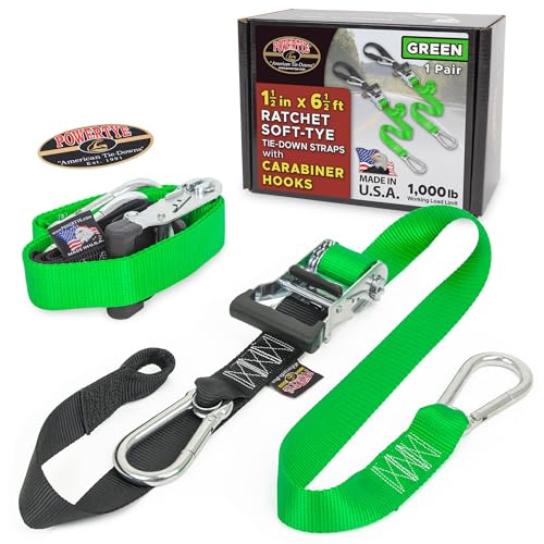 Image of PowerTye 1.5 inch x 6.5ft Heavy Duty Ratchet Tie Down Straps with Carabiner Hooks & Sewn-in Soft-Tye, for Motorcycle, ATV, Trailer & Cargo - 1,000 lb WLL - Made in USA - Green /Black Pair