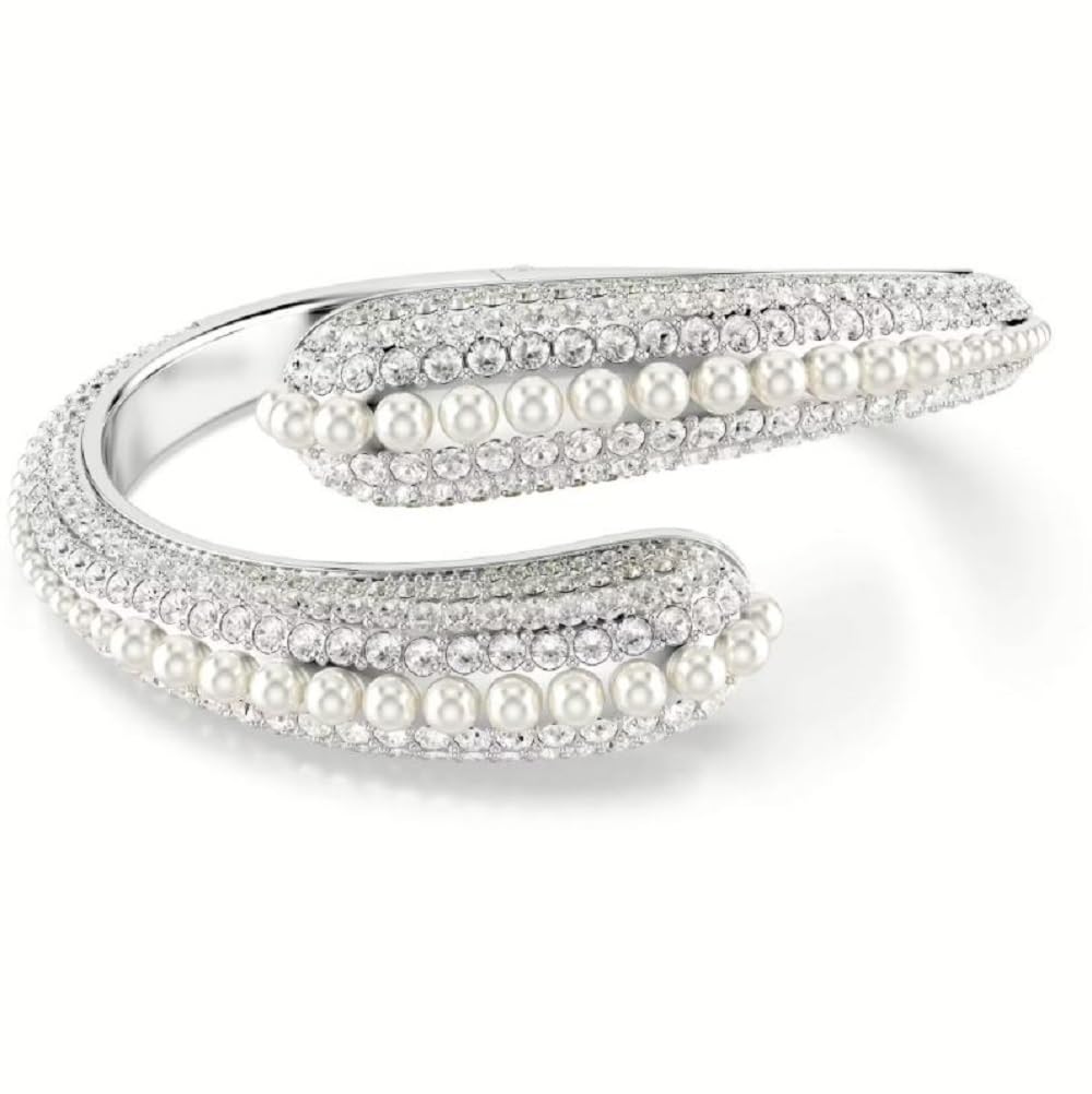 Swarovski 5700924 Sublima Rhodium Plated Crystal Pearl Round Cut Cuff Bracelet for Women, White
