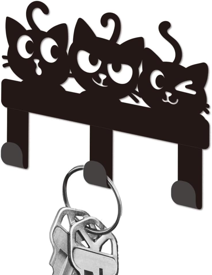 Funny Cat Metal Key Holder for Wall Cookware Mini Key Hook Organizer Rack Key Hangers Wall Decorative with 3 Hooks for Entryway Front Door Hallway Kitchen Office Bag Clothes Key Hanging
