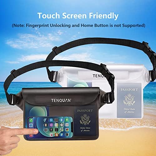 TENQUAN IP68 Waterproof 2 Phone Pouch Dry Bag with Adjustable Belt Screen Touchable for Cellphone Keys Passport for Outdoor Swimming Snorkeling Boating Fishing Kayaking (Black and Clear)