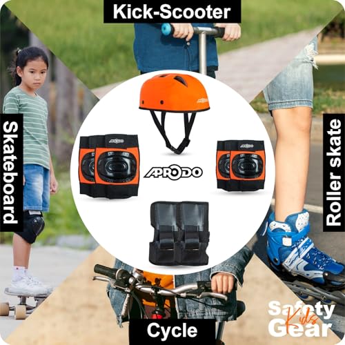 Image of APRODO Kids Protective Gear Set for Roller Skating, Skateboarding & Cycling |for Kids 5 to 12 Years (Neon Orange) | Knee and Elbow Pads Wrist Guards Set for Skating, Skateboard & Cycling