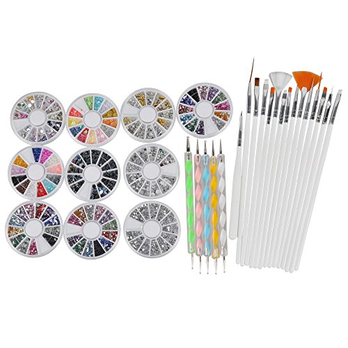 Biutee 3D Nail Art Manicure Wheel Nail Rhinestones Decoration with Metal Studs, 15Pcs Nail Art Brushes, 5Pcs Double Side Dotting Tools