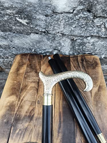 Wooden Black Plain Walking Stick with Vintage Brass Derby Head Handle Cane Wands