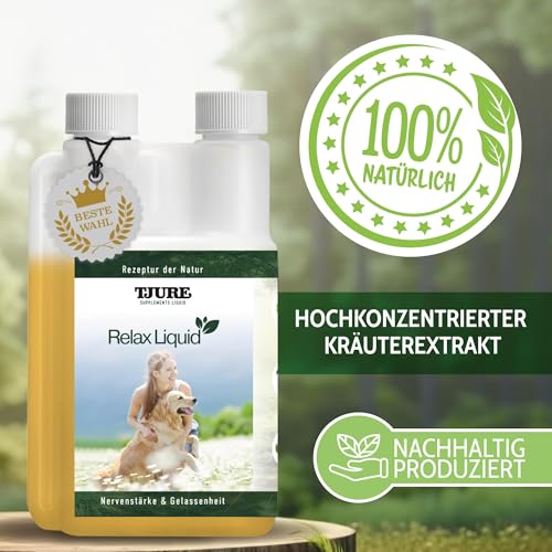 TJURE Relax Liquid für Hunde | 500 ml | Ergänzungsfuttermittel mit Kräuterextrakten | Zur Unterstützung von Ruhe & Ausgeglichenheit | Pflanzliche Rezeptur | Made in Germany