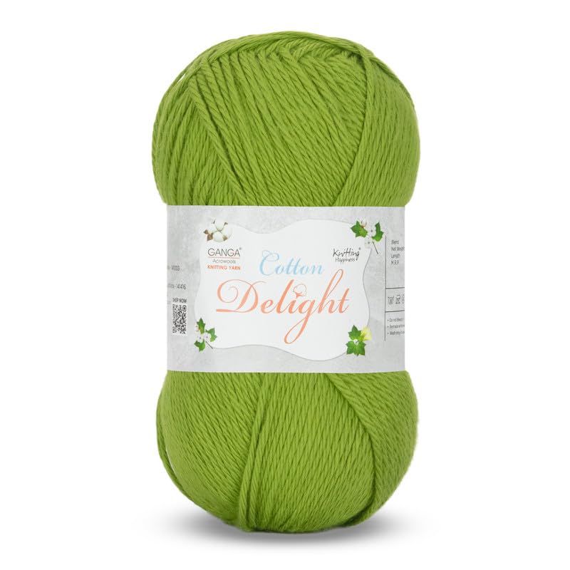 Image of Ganga Acrowools Cotton Delight, Dk Weight Cotton Yarn, Oekotex Class L Certified 100G, 169M, Pack of 1 Ball - 100gm Each, Shade No. - COD094 Apple Green