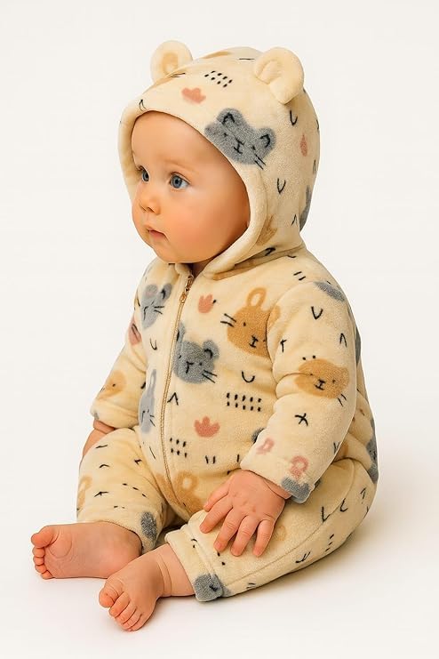 Image of BABYZONE Fluffy Fleece Baby Romper - Hooded Bear Ear Winter Jumpsuit for Boys & Girls
