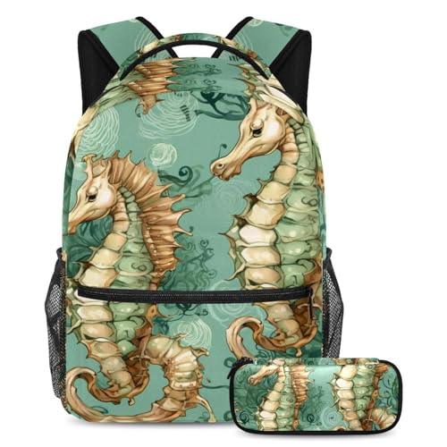 Sac à dos trousse scolaire Ocean Seahorse cartable vintage pour étudiant fille garçon