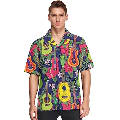 visesunny Pop Hawaiian Ukulele Flower Hawaiian Shirt Men Button Down Casual Shortsleeve Beach Aloha Shirts, Multicolor, XL