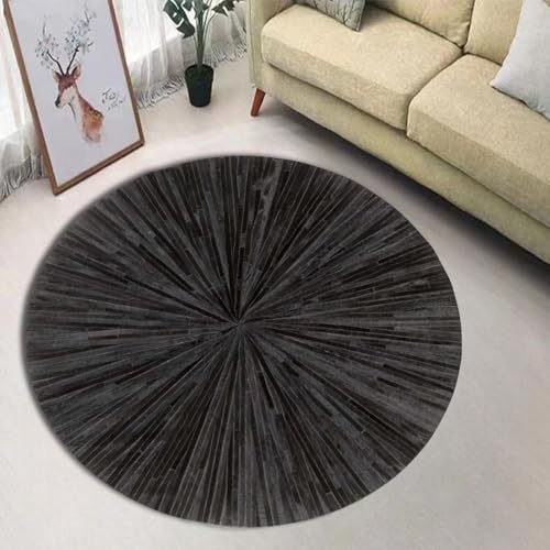 Cowhide Leather Area Rug, Home Decor Floor Rugs for Bedroom, Dining Room Rug 5x5 ft, Authentic Floor Handmade House Carpet, Modern Leather Carpet, Premium Quality Round Area Rug, Color: Black