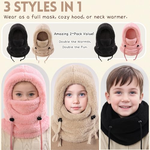 Image of Kids Winter Fleece Hats Balaclava 2PCS,Warm Ski Face Mask Windproof Adjustable Full Cover Neck Warmer for Boys Girls 3-10Y