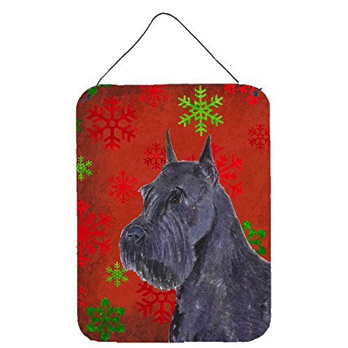 Caroline's Treasures SS4730DS1216 Schnauzer Red and Green Snowflakes Holiday Christmas Wall or Door Hanging Prints Aluminum Metal Sign Kitchen Wall Bar Bathroom Plaque Home Decor Front Door Plaque, 12