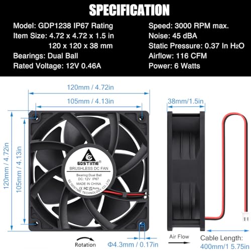 GDSTIME 120mm x 38mm 12V DC Waterproof IP67 Fan High CFM Dual Ball Bearing 2Pin for DIY Cooling Ventilation Exhaust Projects - Thumbnail 6