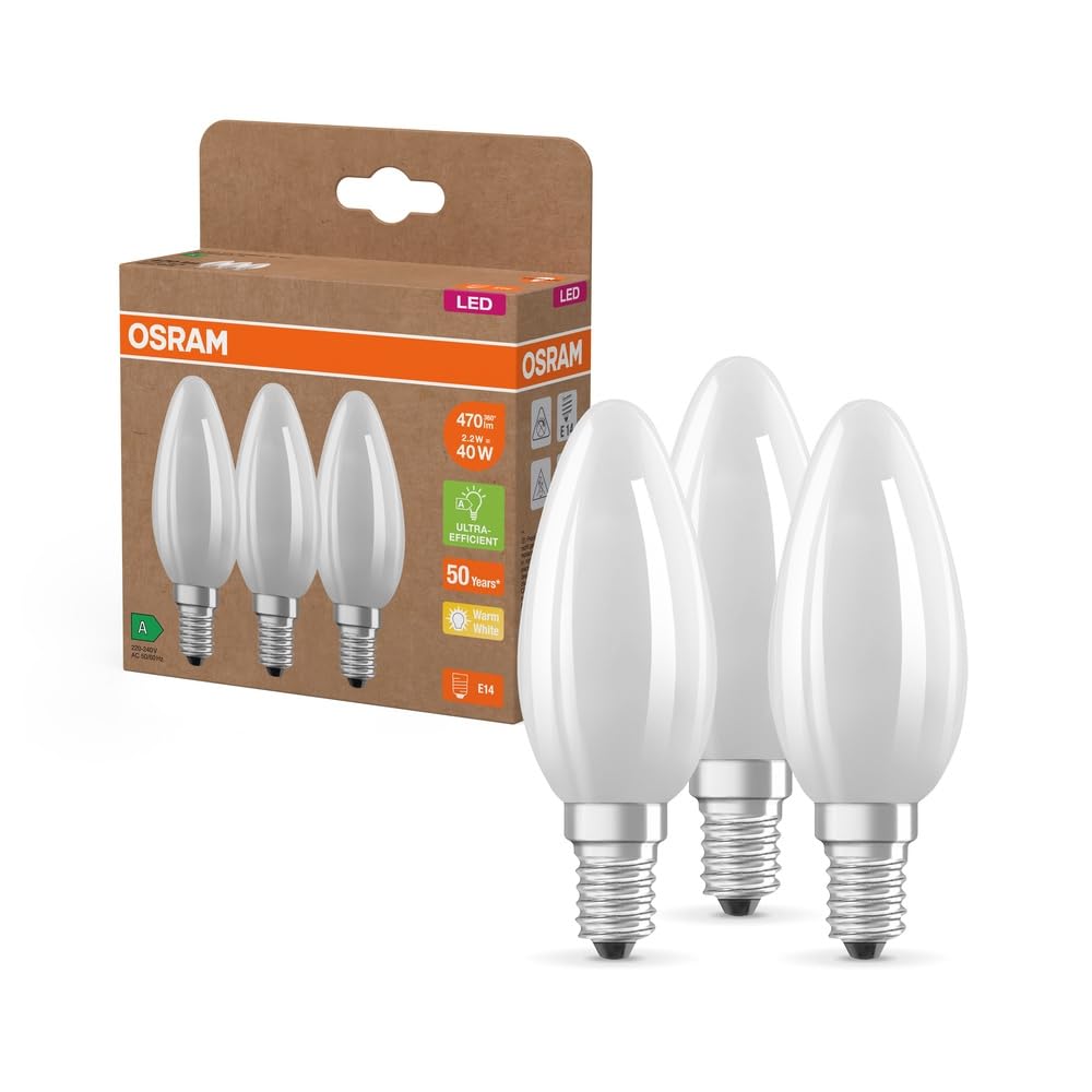 OSRAM Wysokowydajne lampy LED z klasą efektywności energetycznej A, zestaw 3 żarówek, zastępują tradycyjne żarówki 40W, kształt świeczki, ciepła biel (2700K), E14, matowe szkło