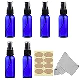 6 pack Blue Spray Bottles, 1 oz (30ml) Empty Plastic Fine Mist Sprayer with Labels and Microfiber Cleaning Cloth