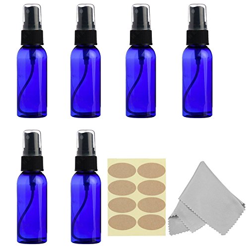 OTO 6 Pack Blue Spray Bottles, 1 oz (30ml) Empty Plastic Fine Mist Sprayer with Labels and Microfiber Cleaning Cloth