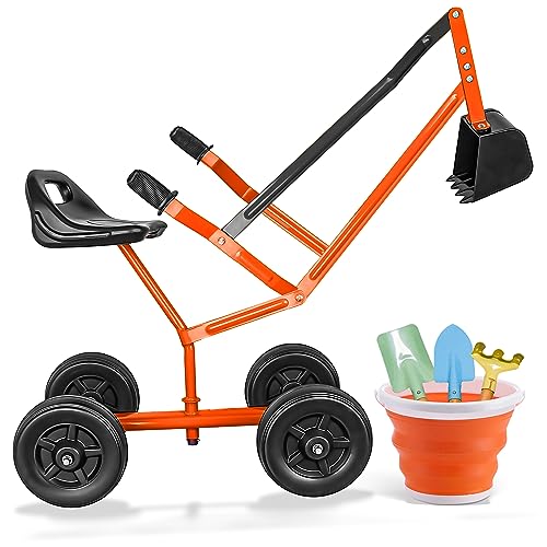 KOVOME Excavadora de arena con asiento giratorio, grúa de metal para arena, suciedad y nieve, juguetes de playa al aire libre, edad de 3 años, juego de herramientas con palas y cubos