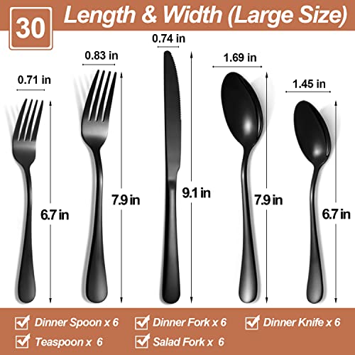 Lazycorner 30 Pcs Black Silverware Set For 6, Food Grade Stainless Steel Flatware Set Include Fork/Knife/Spoon, Mirror Polished Eating Utensils Sets, Durable Silverwear Cutlery Set, Dishwasher Safe #TOP1