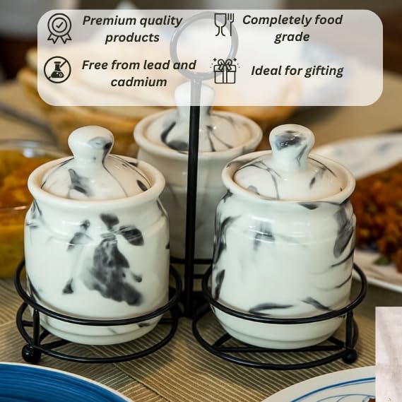 Image of Niyara Handcrafted Ceramic Pickle Jar Set, Premium Metal Tray, Spoons & Lids - Multipurpose Storage for Pickles, Chutneys, Spices & Condiments (Set of 3, 300ML /Each) (Marble design)