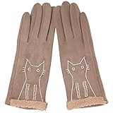 by you Women Fashion Winter Soft Cute Cat Embroidered Touchscreen Gloves (Cat Pattern - Beige)