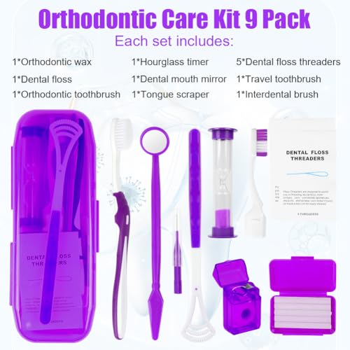 OFFCUP Orthodontic Care Kit, 9 Pack Braces Cleaning Set, Oral Care kit V-Brush Oral Mirror Ortho Wax Timer Dental Floss Threaders Interdental Brush Tongue Scraper (Purple) - Image 6