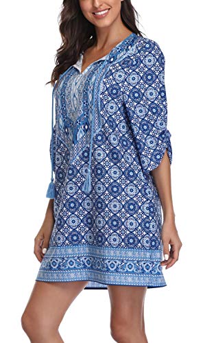 Image of Women Bohemian Neck Tie Vintage Printed Ethnic Style Summer Shift Dress