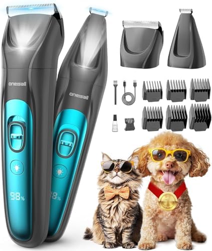 oneisall 2-in-1 Hundeschermaschine & Pfotentrimmer mit LED, Schermaschine Hunde Katze Extra Leise, Wiederaufladbar 2000 mAh, Profi Haustier Trimmer für Dichtes, Lockiges Fell Pfote