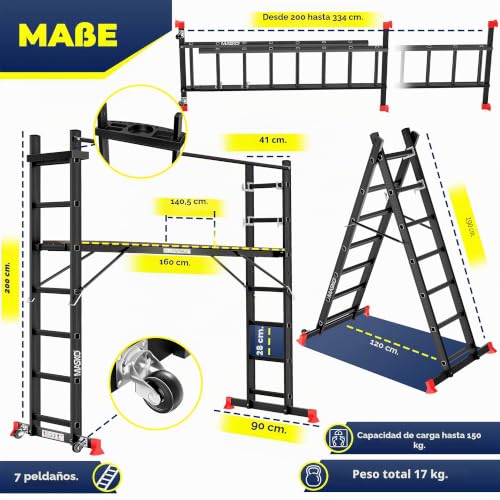 Miniatura 2 de Masko Andamio De Aluminio Para Andamios, Escalera De Apoyo, Andamio, Escalera, Escalera, Escalera, Plataforma De Trabajo, Soporta Hasta 150 Kg, Revestimiento Antideslizante, Escalera De Andamios