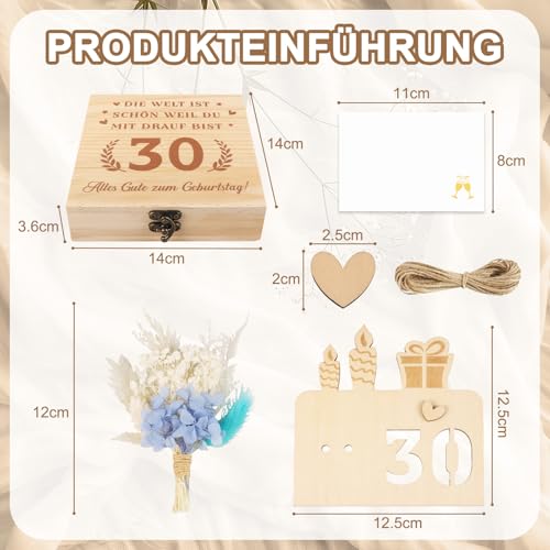 TUZELIYA 30 Geburtstag Frauen, Geldgeschenke Holz mit Geburtstagskarte Trockenblumen, Geschenk zum 30 Geburtstag Frau Geldgeschenke Verpacken