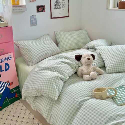 Image of Nayoroom Green Gingham Duvet Cover Full Size Plaid Dorm Bedding Set 3 Pieces Grid Checkered Duvet Cover with 2 Pillowcases, Soft Breathable Washed Microfiber