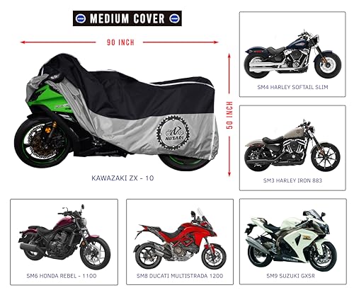 Heavy Duty Motorcycle Cover, Totally Breathable, Reflective Strips, Elastic Bottom, Luggage Strap, Lockable Grom, Durable Sewn Cutouts, Outdoor, Waterproof Cover (Black/Silver, Medium)