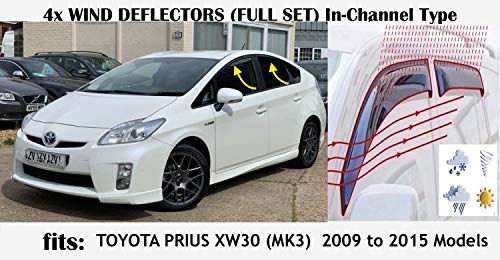 Juego de 4 deflectores de viento tipo IN-CHANNEL compatibles con T O Y O T A PRIUS XW30 5 puertas HATCHBACK 2009 2010 2011 2012 2013 2014 2015 vidrio acrílico viseras laterales deflectores de ventana