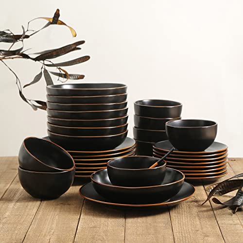 Image of Stone Lain Brasa Stoneware 32 Piece Modern Dinnerware Set, Plates and Bowls, Service for 8, Black, Microwave & Dishwasher Safe