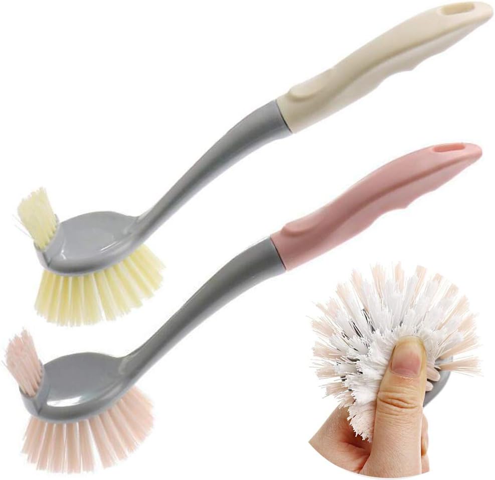 Dish Scrubber Brushes, Dish Cookware and Vegetable Brush with Durable Bristles, 2 Sided Dish Brush for Sink Kitchen Pot Pan Plate Cleaning, All Purpose Scrub Brush(Pink and Green)