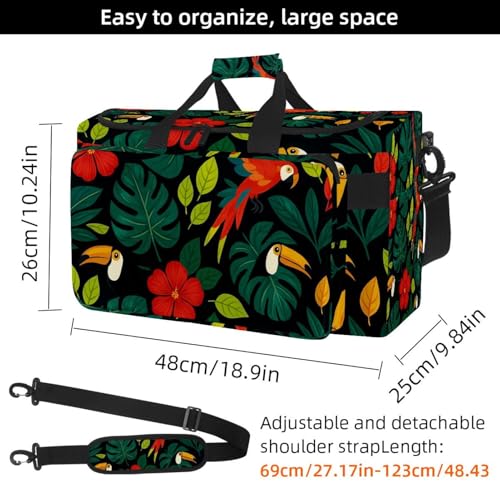 Travel Duffel Bags for Men and Women, Waterproof Weekender Overnight Gym Bags, Tropical Leaves Parrots4