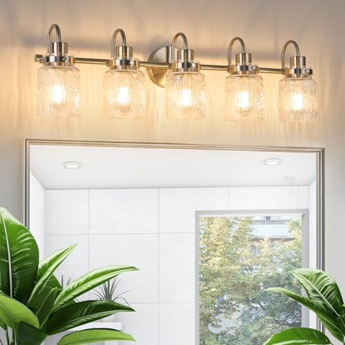 Image of 5 Lights Hammered Glass Bathroom Vanity Light,Brushed Nickel | Easy Installation,Up or Down,Farmhouse Modern Style,E26 Socket,ETL Certification