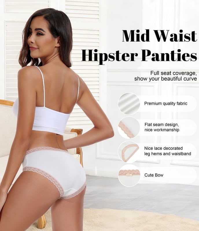 ANLIQI Cotton Underwear for Women Soft Lace Trim Hipster Panties Low Rise Bikini Undies Multipack - Image 2