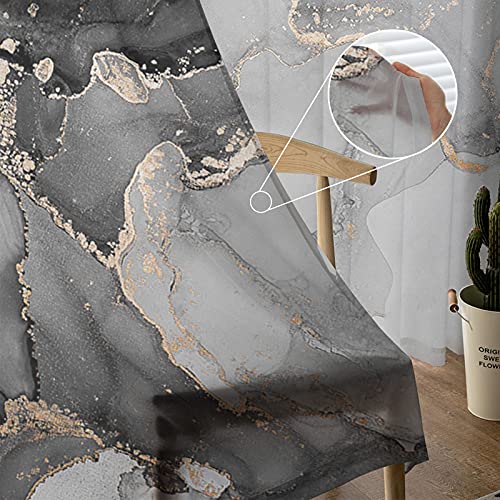 Amzricher Marble Sheer Curtains 84 Inch Length 2 Panels Set, Farmhouse Grey Black Golden Marble Modern Semi Transparent Voile Rod Pocket Curtains For Living Dining Room Bedroom Drapes 52X84X2 #TOP4