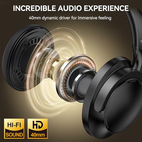 TECKNET Noise Cancelling Headphones Wireless & Wired, 70H Playtime Bluetooth Headphones Wireless Over Ear Built-in Mic,3.5mm Cable Dual Connection Foldable Headset for Home Office Travel, Light Black — view 3