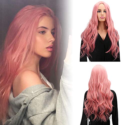Women's Ombre Pink Wig Long Curly Wavy Hair Wigs for Girl Synthetic Cosplay Party Wigs (Pastel Pink)