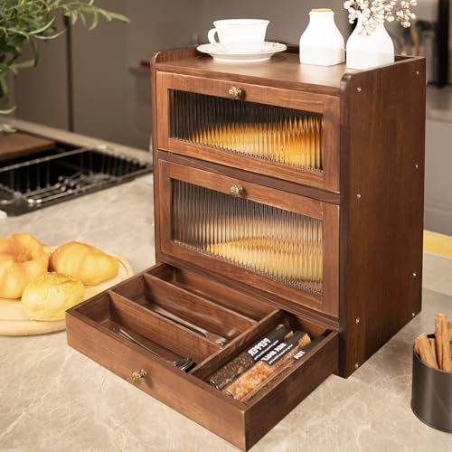 CheerNest Solid Wood Bread Box for Kitchen Countertop with Drawer,