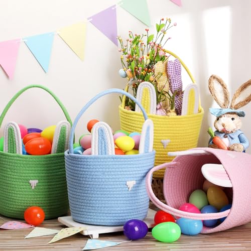 Image of Suzile 4 Pcs Easter Basket with Bunny Ears for Kids Cotton Woven Easter Egg Hunting Rabbit Shape Basket for Children Kids Babies Party Gifts, 9.8 x 7.8 x 7.8