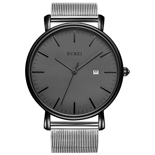 BUREI Men's Fashion Minimalist Wrist Watch Analog Date with Stainless Steel Mesh Band (Black Face Silver Band)