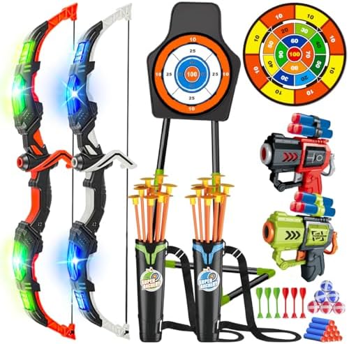 VATOS LED Pfeil- und Bogenschießen 2 Stück Spielzeug Set für Kinder 5-12 Jahre, Leuchtender Bogen und Hai Saugnapf-Standziel, 73 cm Dartscheibe, Innen Außen Spielzeug Geschenk für