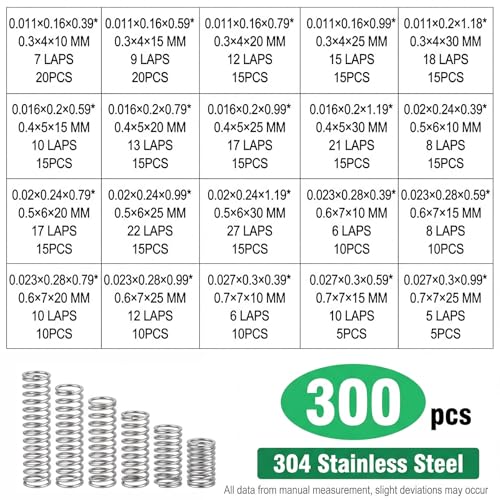 300 Stk Druckfedern Sortiment Kit, Zugfedern Sortiment, 304 Edelstahl Druckfeder Set, Spiralfedern Metallfedern Set, Springs, Kleine Federn Set, Mechanische Druckfedern für DIY Home Auto(23 Größen)