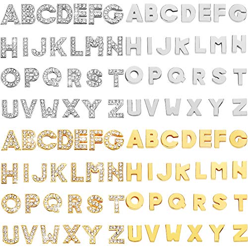 104 Pieces A-Z 8 mm Slide Alphabet Letters Kit, Include 52 Pieces 8 mm Full Rhinestones Letters, 52 Pieces Alloy Letters Slide Charm Beads for Slide Wristband Bracelets Hair Clip (Gold and Silver)