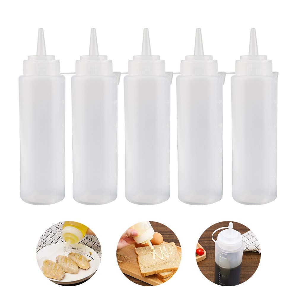 Vegena Squeeze fles, 5 stuks 240 ml plastic knijpflessen met doppen knijpen condensfles saus fles voor thuis & restaurant schilderen, bakken ketchup, mosterd, mayonnaise, olie en meer geen lekkage