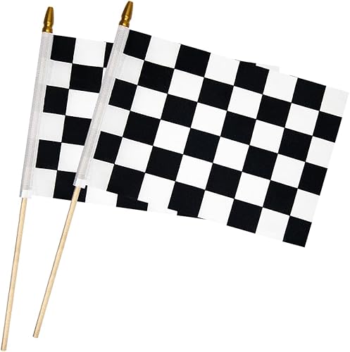 2 banderas a cuadros de 8 x 12 pulgadas, bandera de carreras en blanco y negro en palo de madera, bandera de carreras de Fórmula Uno F1 Banderas de